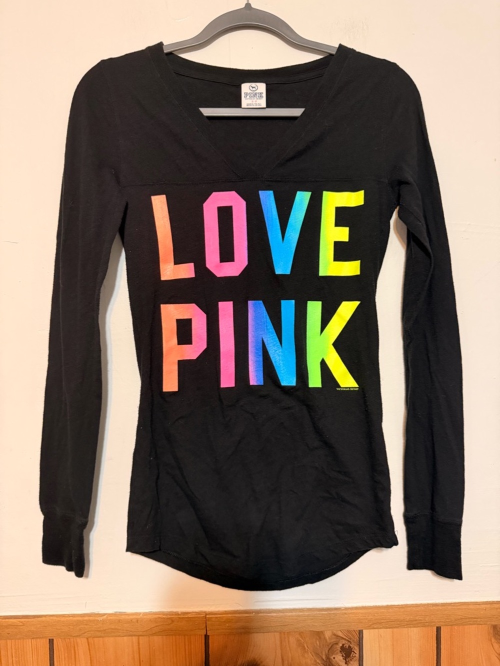 PINK Victoria's Secret Black Long Sleeve 'LOVE PINK' Rainbow Logo Top